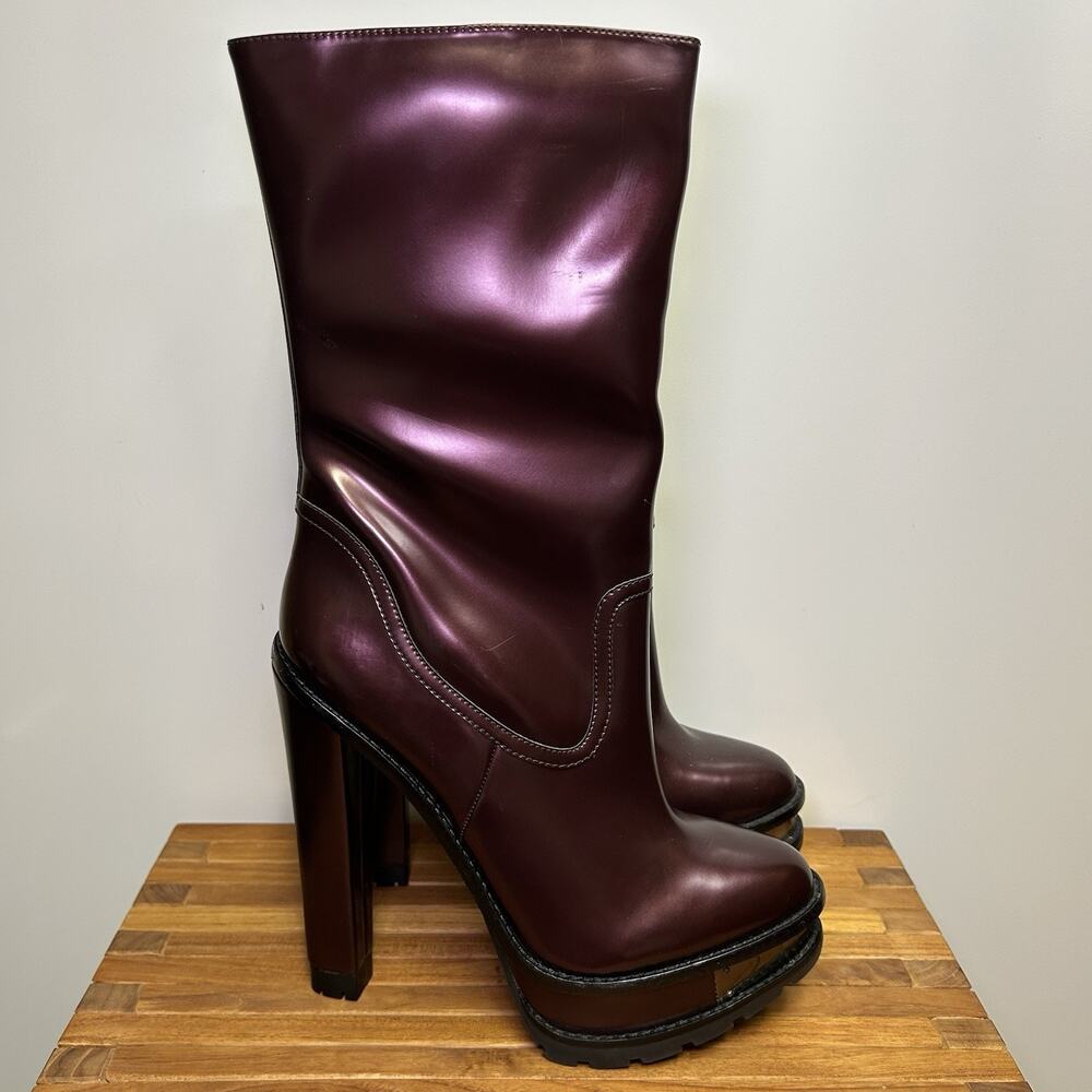 Brian Atwood Boots Chunky Y2K Heels Burgundy Leather 9.5 40.5